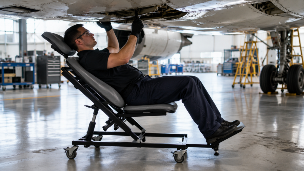 Cadeira industrial para trabalho deitado sob equipamento elevado