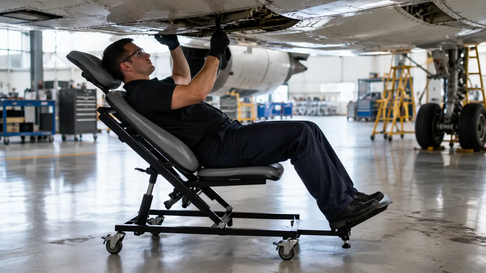Cadeira industrial para trabalho deitado sob equipamento elevado