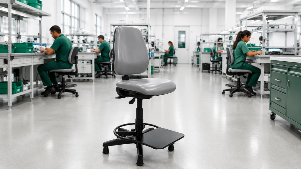 Operador utilizando cadeira ergonômica em linha de montagem industrial