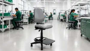 Operador utilizando cadeira ergonômica em linha de montagem industrial