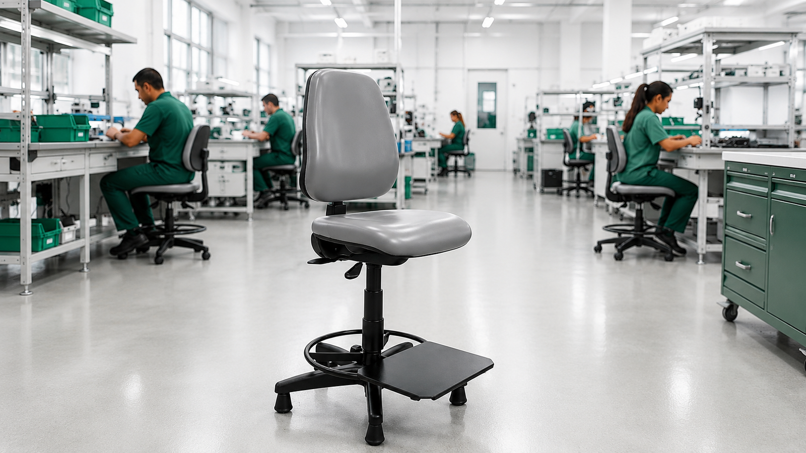 Operador utilizando cadeira ergonômica em linha de montagem industrial